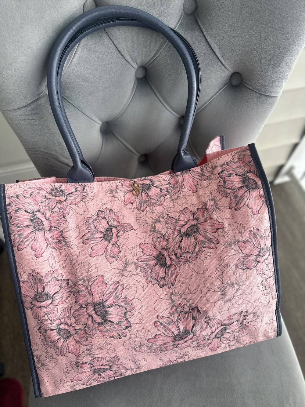 Victoria's Secret Pink Floral Tote with Navy Trim